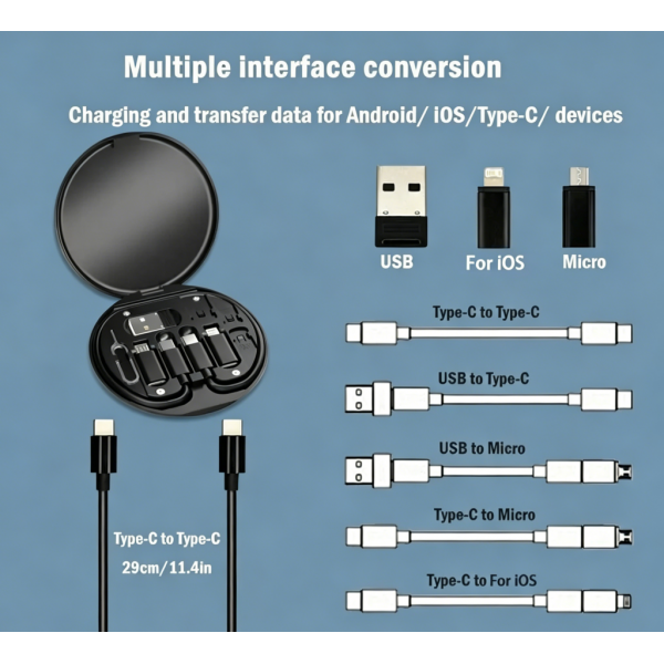 PD 60W Multifunctional USB Type C Data Cable Set Fast Charging For IPhone Xiaomi Charger Storage Box Adapter Card Pin Travel Box 